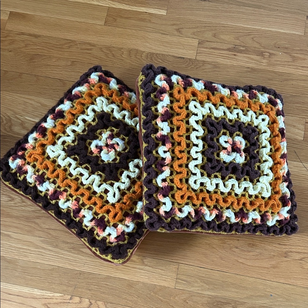 Vintage 1970's Handcrafted Crochet Cushion Throw Pillows-Grandpacore/Grandmacore